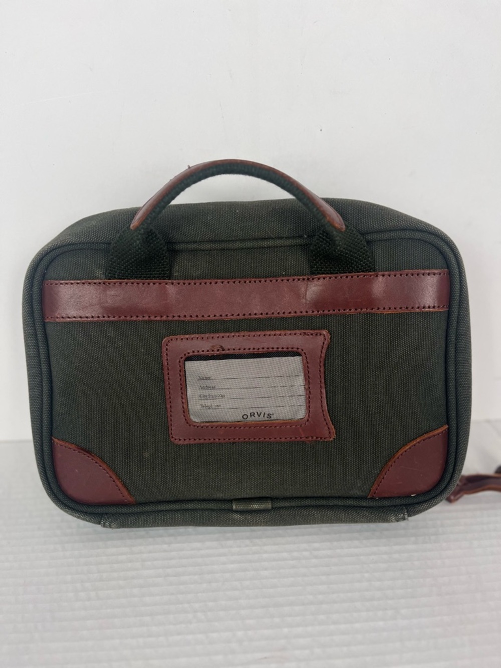 Orvis Battenkill Hanging Travel Kit Green Canvas Brown Leather Toiletry Drop Bag - Picture 6 of 8